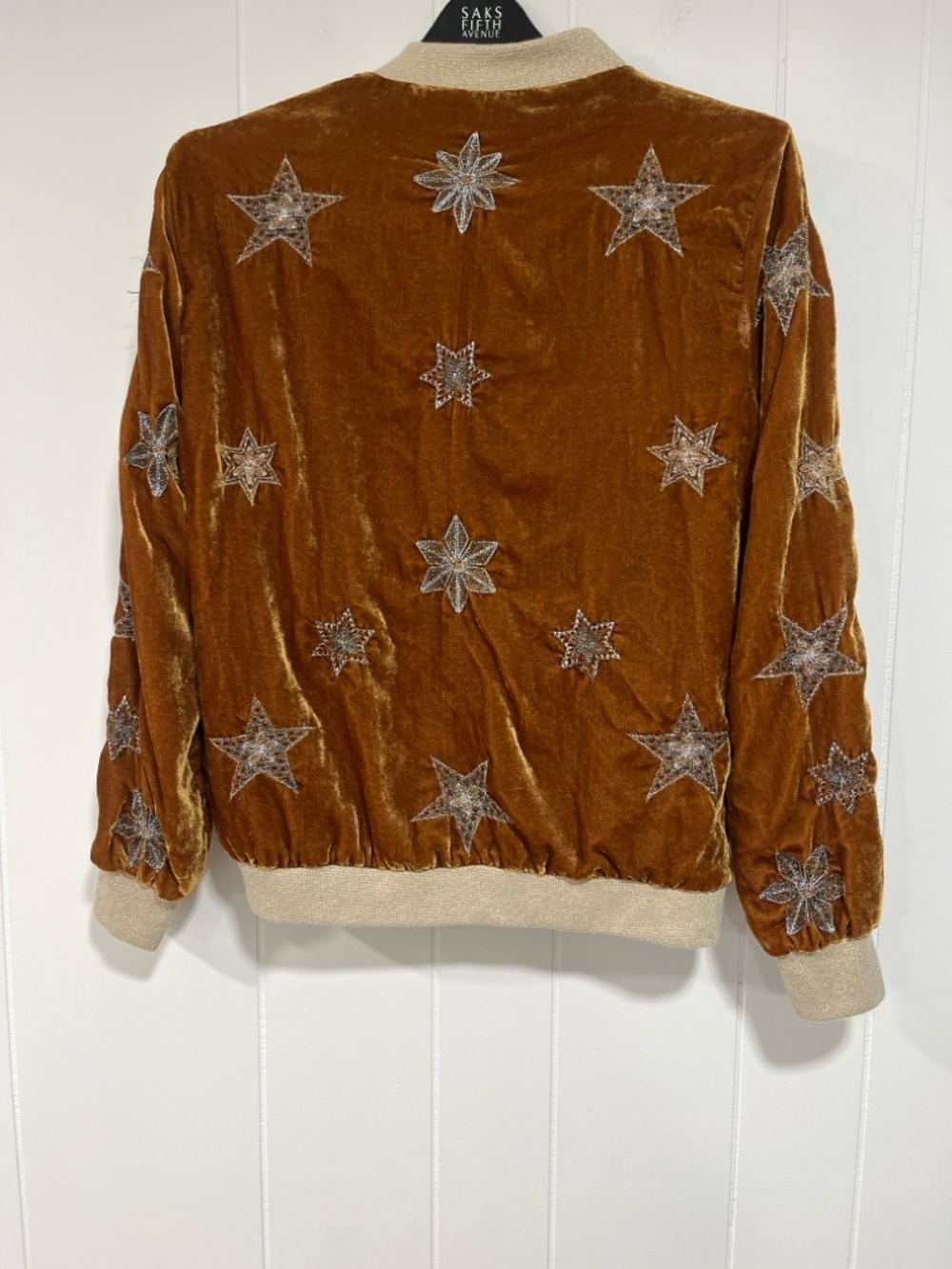 ZARA Trafaluc Velvet Star Embroidered Bomber Jacket Gold Brown M - Picture 3 of 10